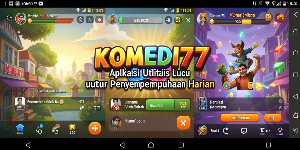 Tampilan screenshot utama KOMEDI77 menunjukkan fitur utilitas yang interaktif dan menarik.