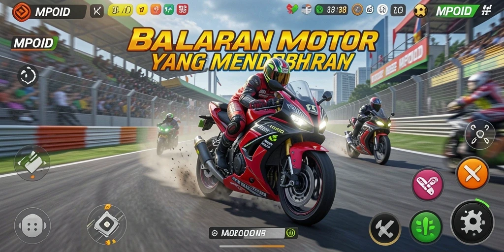 Tangkapan layar MPOID menampilkan aksi balapan motor yang mendebarkan.
