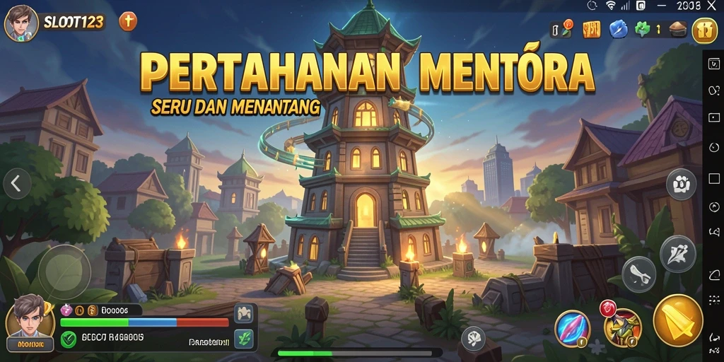 Screenshot utama SLOT123 menampilkan aksi pertahanan menara yang epik.